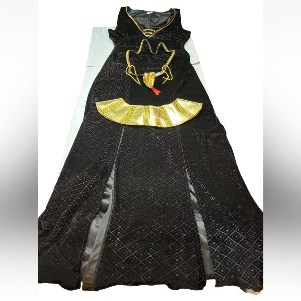 CLEOPATRA BLACK VELVET Long Egyptian DRESS GOLD snake Crown Gold Collar women M